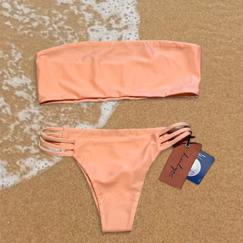 NWT Hülya Swim Bandeau Top Strappy Bottom Peach Bikini‎ Set. Med Bottom Lg Top